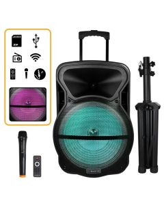 Trexonic Combination 15 Inch Bluetooth Portable Speaker and Tripod Stand with Reactive Lights, FM Radio, USB/TF Inputs, Rechargeable Battery & Voice Broadcast